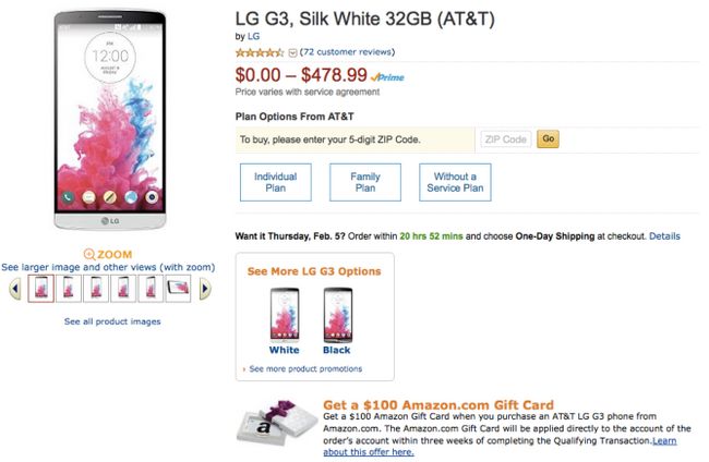Fotografía - [Trato Alerta] AT & T LG G3 32 GB Negro metálico o de seda blanca y $ 100 Amazon Gift Card por sólo $ 489 sin contrato, $ 0.01 Con contrato